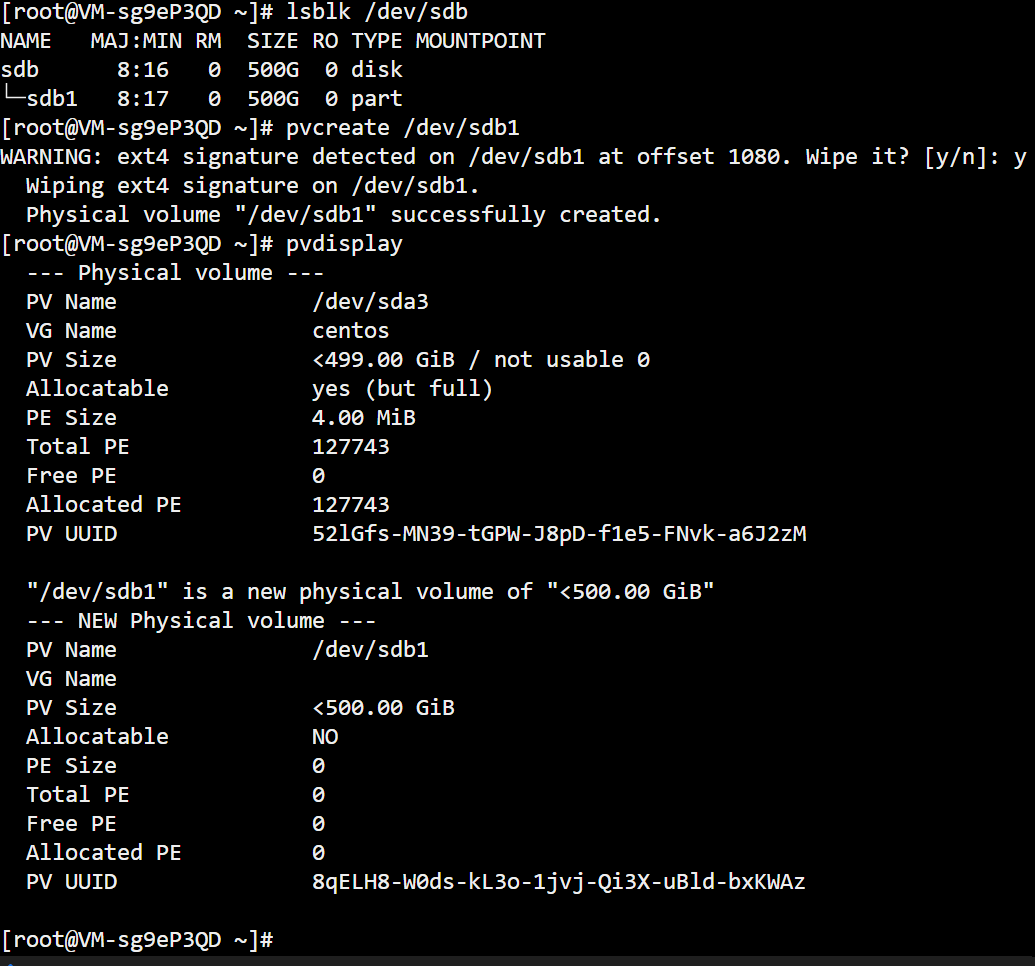 CentOS 7.8.2003 添加第二块硬盘创建物理卷（PV）并加入卷组（VG）扩展逻辑卷（LV）并扩容文件系统 实战 网站相关 第4张